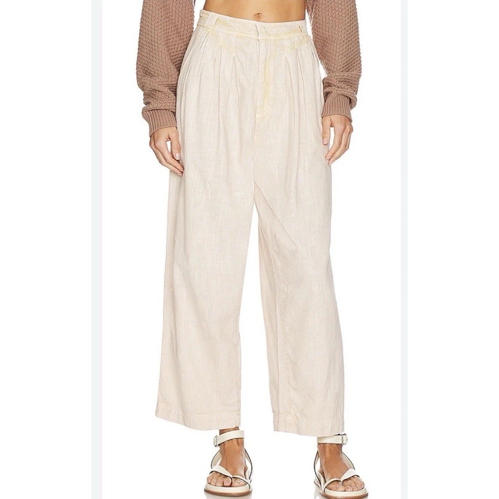 Free People Lotta Love Trousers‎ Sz 8 High Rise 100% Cotton Pebble Cream